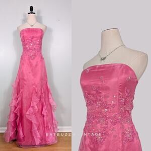 Vintage Prom Dress Maxi Gown 8 Pink Fairy Princess Y2K Bead Floral Ruffle Glam